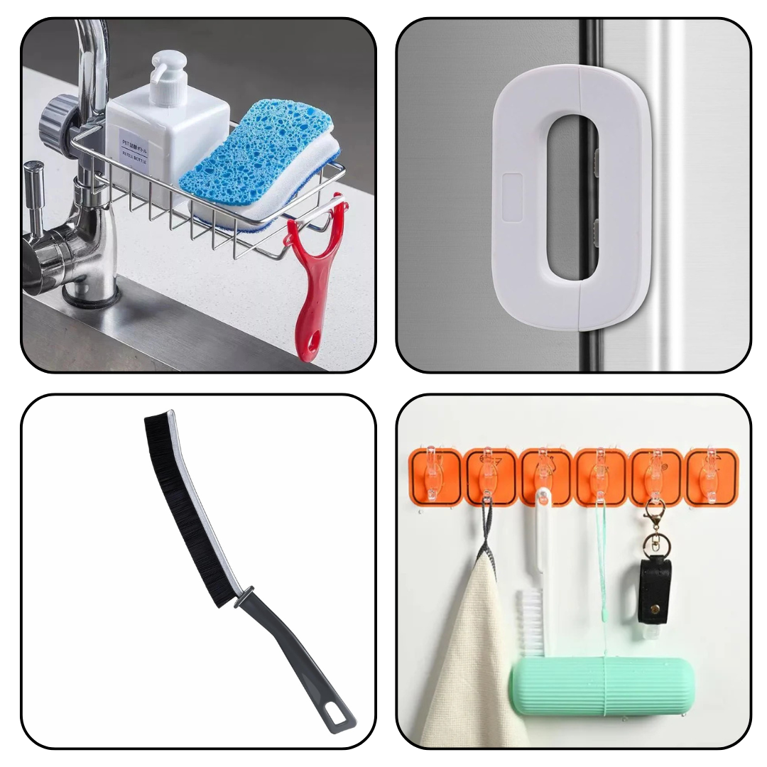 Bundle of 4 - Fridge Lock, Sink Rack, Gap Brush, and Wall Hook