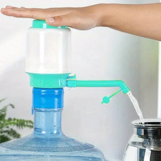 Hand using a manual water pump to fill a container with water.