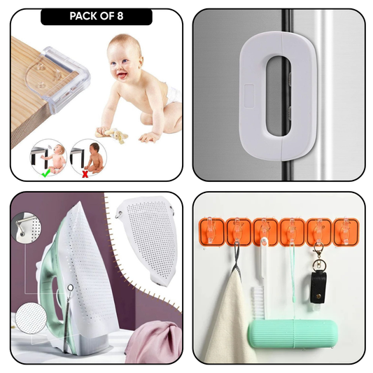 Bundle of 4 - Pack of 8 Baby Corner Protectors, Fridge Lock, Teflon Iron Cover, and Wall Hook