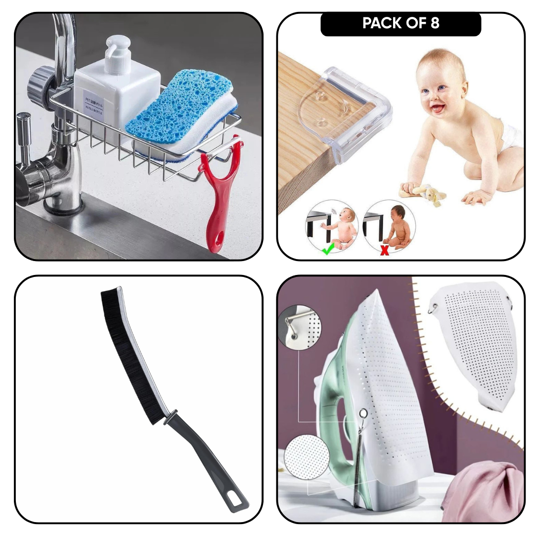 Bundle of 4 - Stainless Steel Faucet Rack, Pack of 8 Baby Corner Protectors, Teflon Iron Cover, and Gap Cleaner Brush